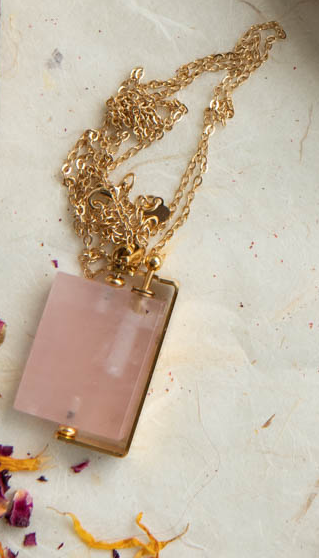 Rose quartz Crystal Pendant + Perfume Holder + 18k Gold Chain - best perfume pendant
