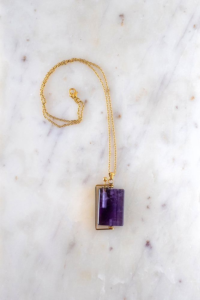 Amethyst Crystal Pendant + Perfume Holder + 18k Gold Chain - 26"