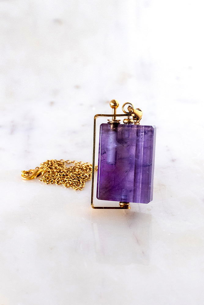 Amethyst Crystal Pendant + Perfume Holder + 18k Gold Chain - 26"