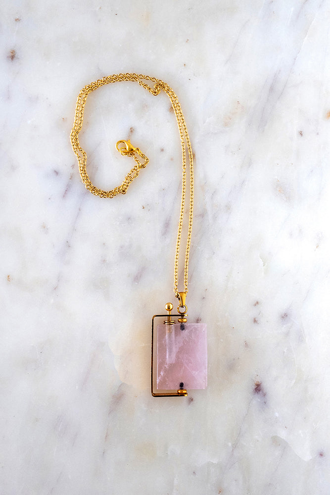 Rose Quartz Crystal Pendant + Perfume Holder + 18K Gold Chain - 26" SALE